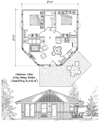 Patio House Plan PTE-0223 (670 Sq. Ft.) 2 Bedrooms 1 Bathrooms