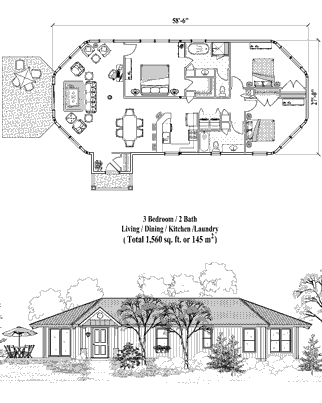 Patio House Plan PTE-0224 (1560 Sq. Ft.) 3 Bedrooms 2 Bathrooms