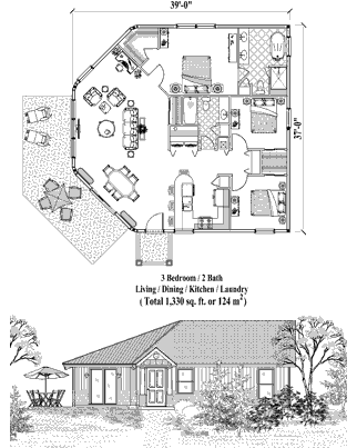 Patio House Plan PTE-0422 (1330 Sq. Ft.) 3 Bedrooms 2 Bathrooms