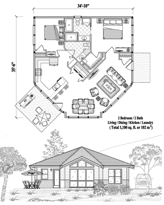 Patio House Plan PTE-1124 (1100 Sq. Ft.) 2 Bedrooms 2 Bathrooms
