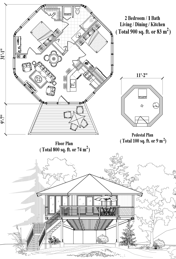 Prefab Pedestal House Plan - PD-0324 (900 sq. ft.) 2 Bedrooms, 1 Baths