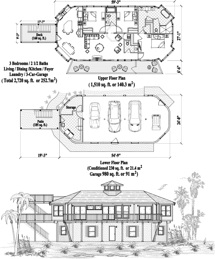 Prefab Piling House Plan - PG-0202 (2720 sq. ft.) 3 Bedrooms, 2 1/2 Baths, Living, Dining, Kitchen, Foyer, Laundry & 3-Car Garage