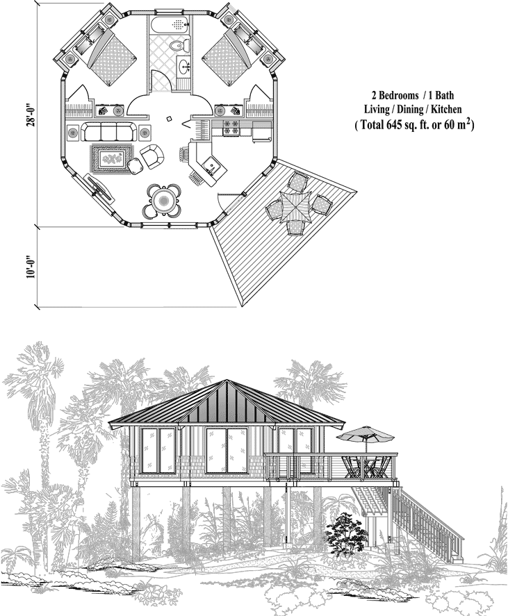 Stilt/Piling House Plan: 2 Bedrooms, 1 Baths, 645 sq ft [PG-0203]