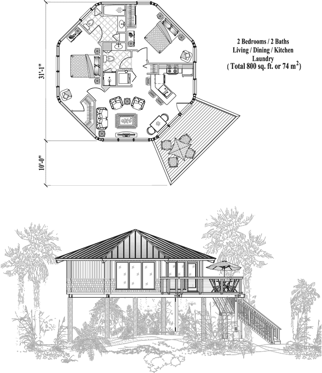 Stilt/Piling House Plan: 2 Bedrooms, 2 Baths, 800 sq ft [PG-0302]