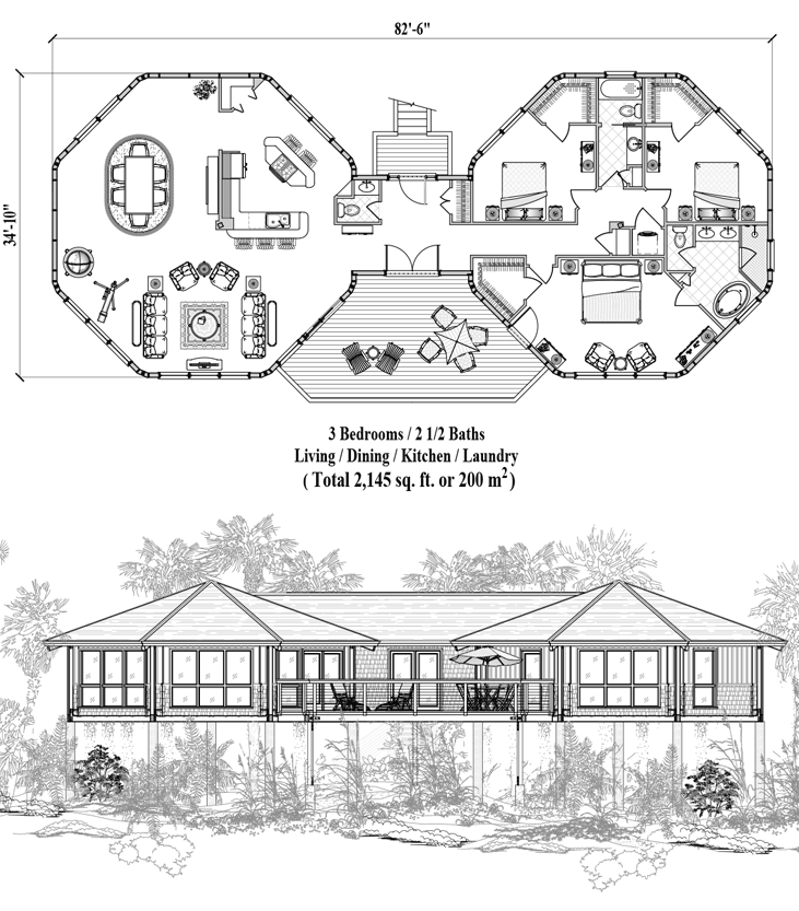 Prefab Piling House Plan - PG-1101 (2145 sq. ft.) 3 Bedrooms, 2 1/2 Baths, Living Room, Dining Room, Kitchen, Laundry