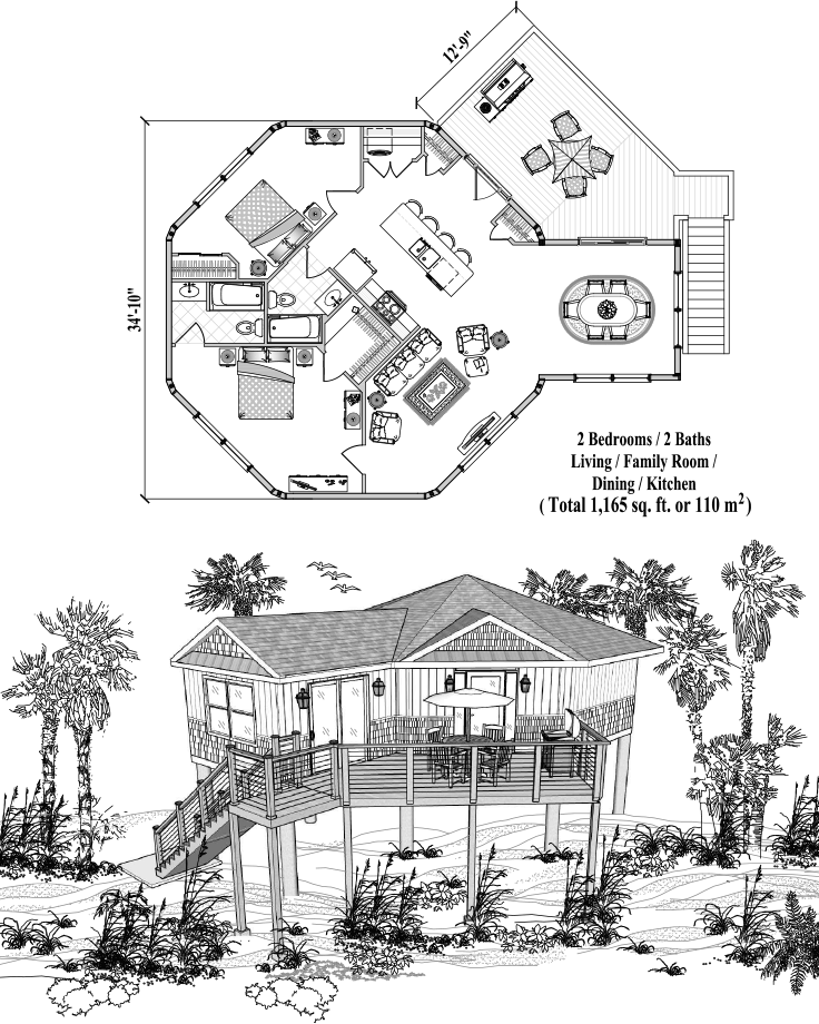 Prefab Piling House Plan - PG-1106 (1165 sq. ft.) 2 Bedrooms, 2 Baths, Living, Family Room, Dining, Kitchen