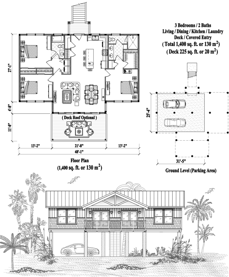 Prefab Piling House Plan - PG-2110 (1400 sq. ft.) 3 Bedrooms, 2 Baths