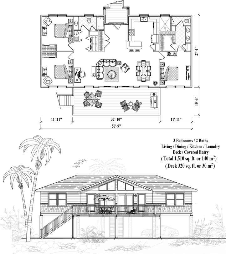 Prefab Piling House Plan - PG-2111 (1510 sq. ft.) 3 Bedrooms, 2 Baths, Living Room, Dining Room, Kitchen, Laundry, Deck, Covered Entry