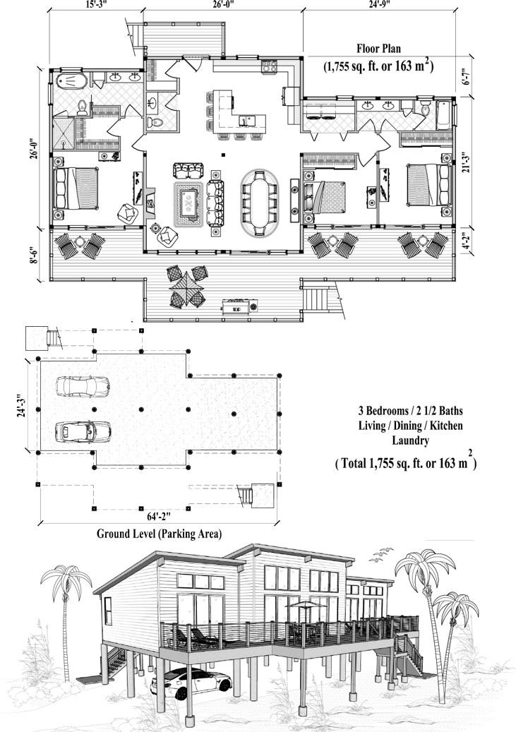 Prefab Piling House Plan - PG-2112 (1755 sq. ft.) 3 Bedrooms, 2 1/2 Baths