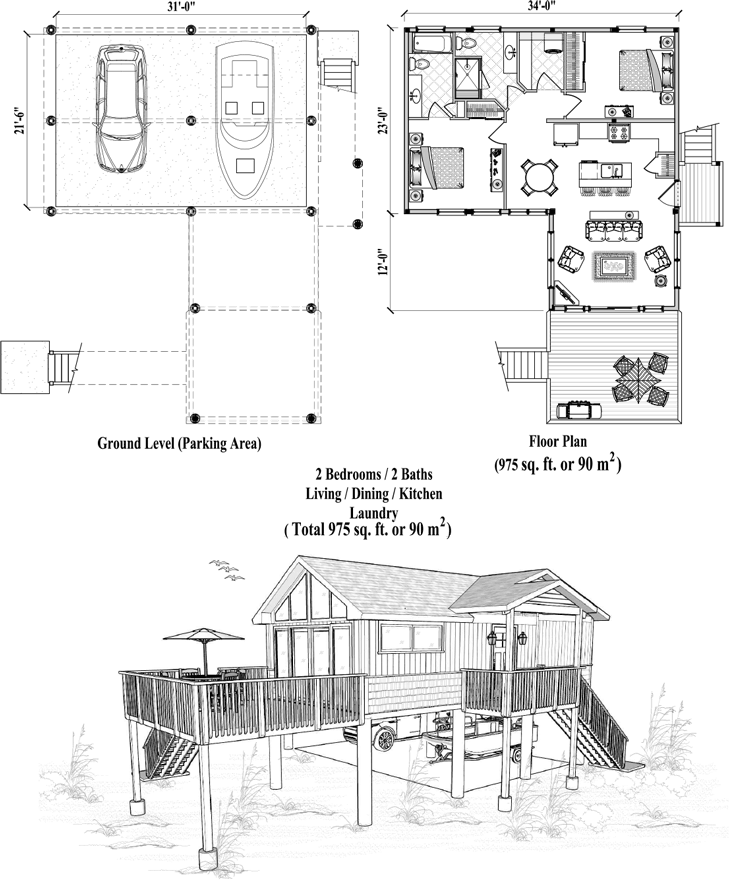 Prefab Piling House Plan - PG-2113 (975 sq. ft.) 2 Bedrooms, 2 Baths