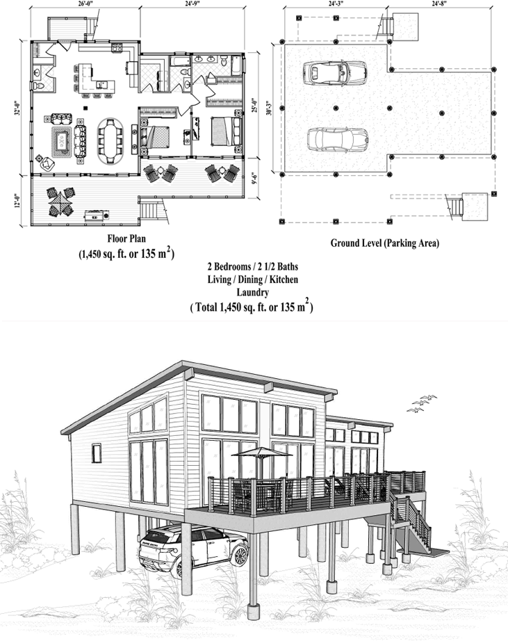 Prefab Piling House Plan - PG-2114 (1450 sq. ft.) 2 Bedrooms, 2 1/2 Baths, Living Room, Dining Room, Kitchen, Laundry