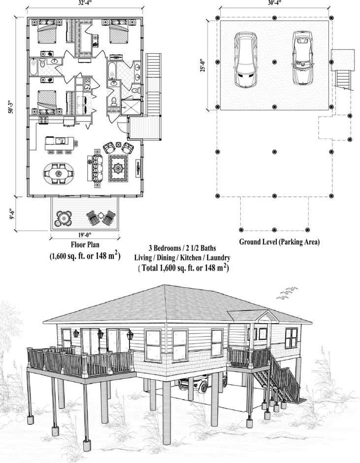 Prefab Piling House Plan - PG-2115 (1600 sq. ft.) 3 Bedrooms, 2 1/2 Baths, Living Room, Dining Room, Kitchen, Laundry