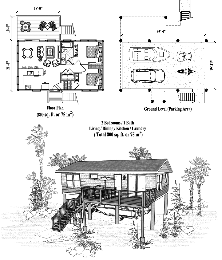 Prefab Piling House Plan - PG-2116 (800 sq. ft.) 2 Bedrooms, 1 Baths, Living, Dining, Kitchen, Laundry