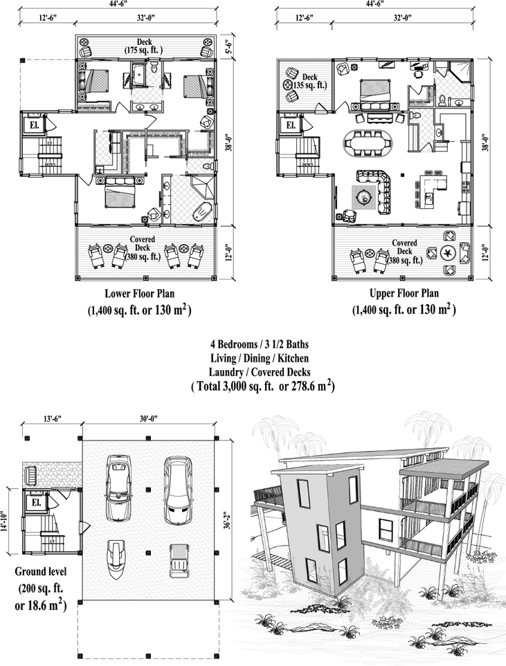 Prefab Two-Story Piling House Plan - PGT-2107 (3000 sq. ft.) 4 Bedrooms, 3 1/2 Baths