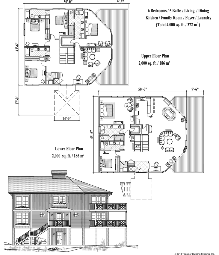 Prefab Two-Story Piling House Plan - PGTE-0606 (4000 sq. ft.) 6 Bedrooms, 5 Baths