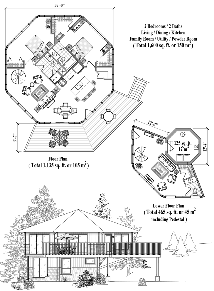 Prefab Enclosed Pedestal House Plan - PL-0410 (1600 sq. ft.) 2 Bedrooms, 2 Baths