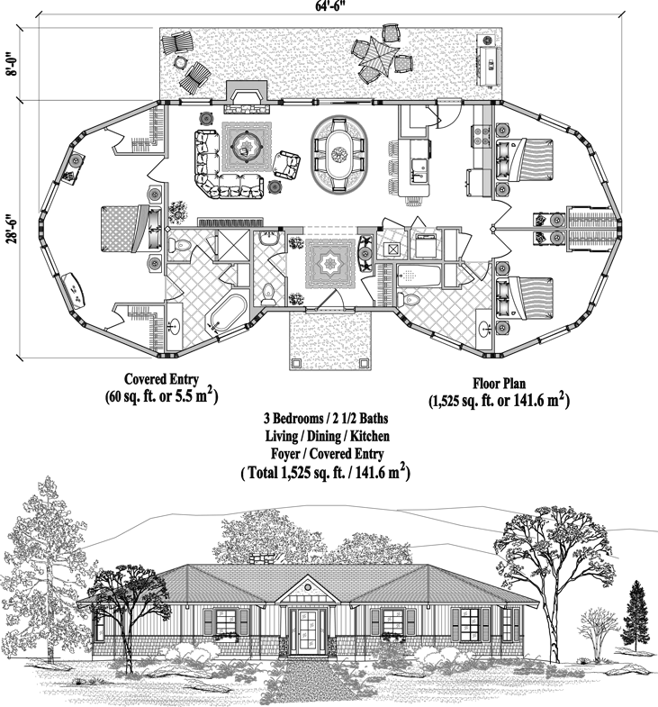 Prefab Patio House Plan - PTE-0227 (1525 sq. ft.) 3 Bedrooms, 2 1/2 Baths