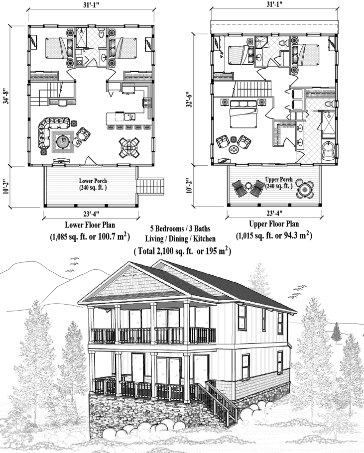 Prefab Two-Story House Plan - TS-2101 (2100 sq. ft.) 5 Bedrooms, 3 Baths, Living, Dining, Kitchen